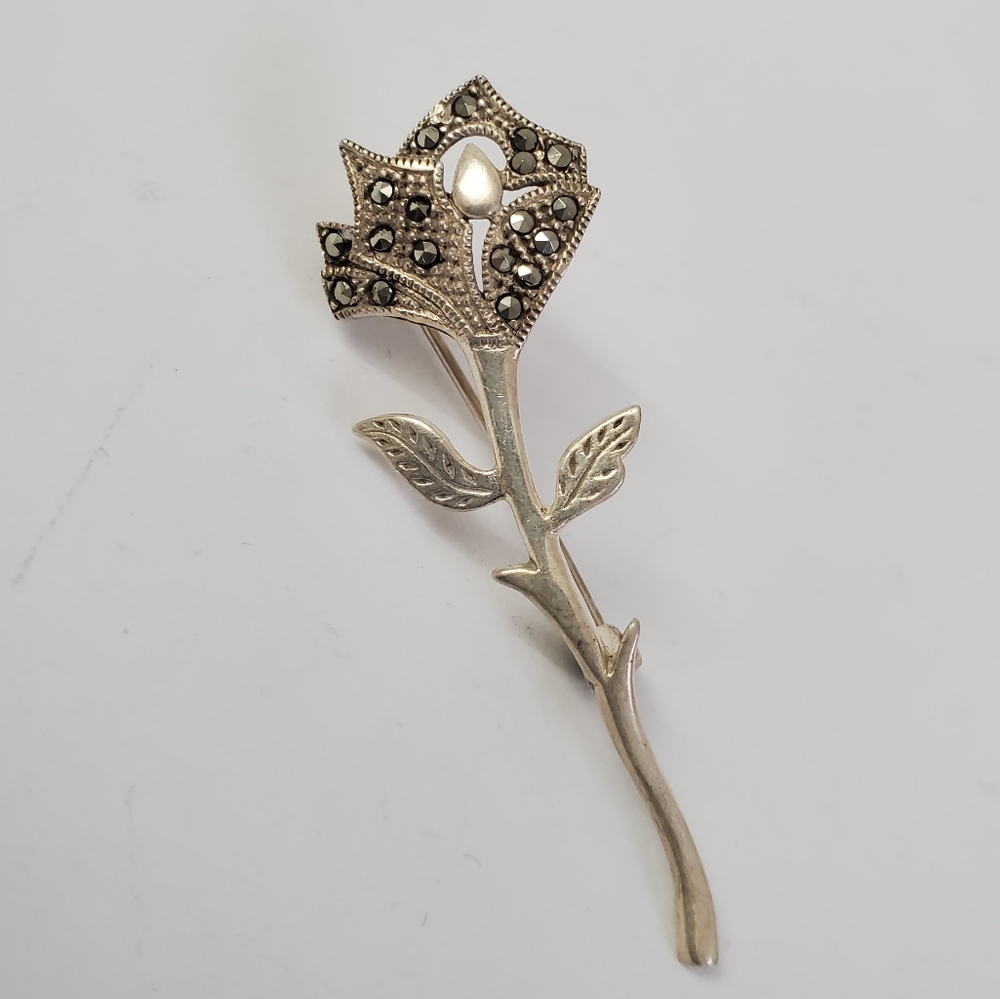 Sterling Silver 925 Rose Marcasite Brooch